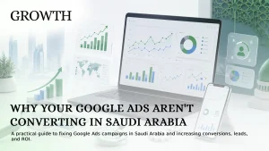 Google Ads Saudi Arabia not converting: Laptop and smartphone displaying digital marketing analytics dashboards with charts, conversion metrics, audience insights, and performance graphs, alongside a target icon, magnifying glass, and upward growth chart, illustrating campaign analysis and optimization for improving Google Ads conversion rates in Saudi Arabia.