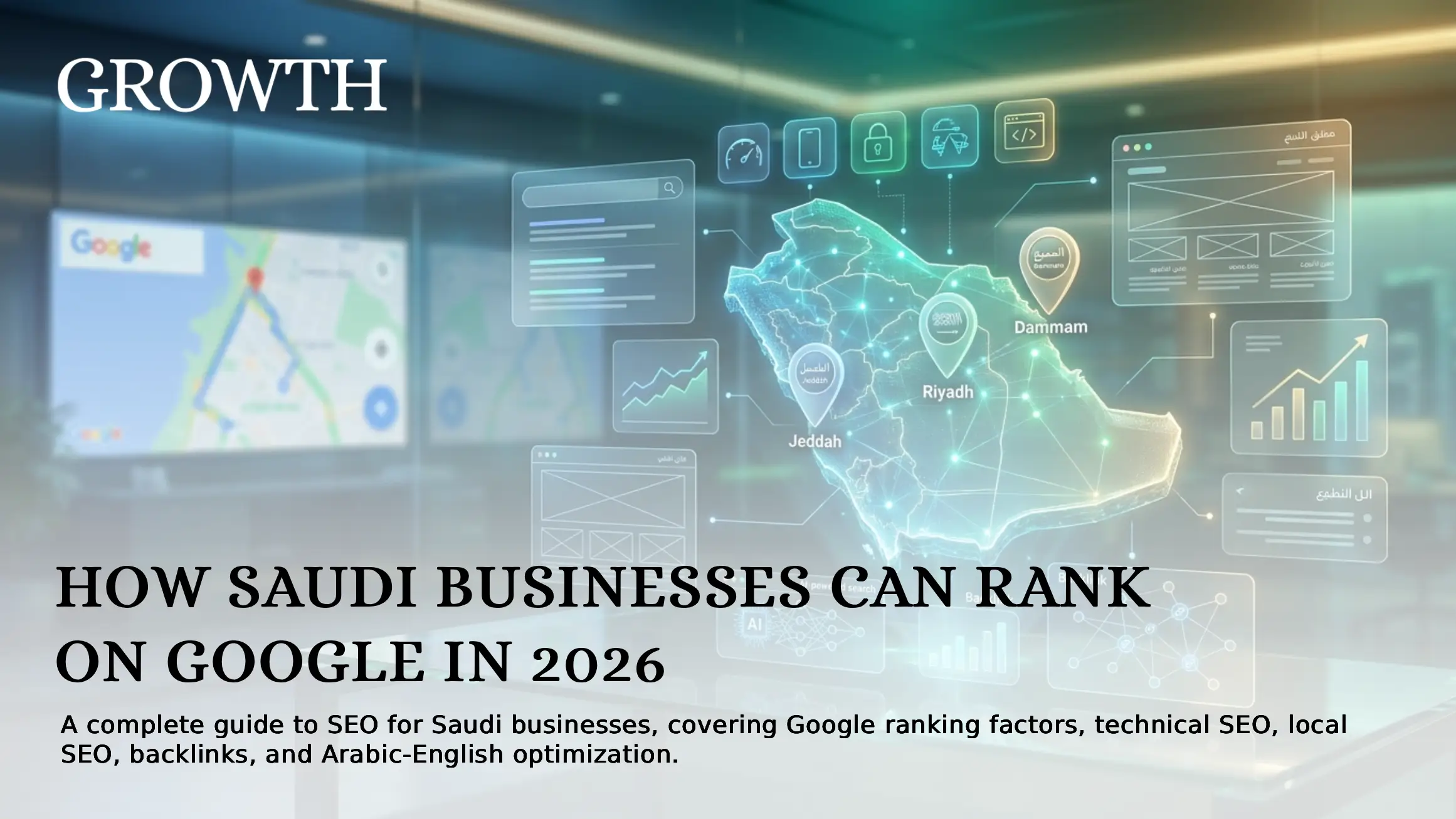 SEO for businesses in Saudi Arabia illustrated with a futuristic digital marketing workspace featuring a glowing Saudi Arabia map, analytics dashboards, technical SEO icons, AI search visualization, and location markers for Riyadh, Jeddah, and Dammam.